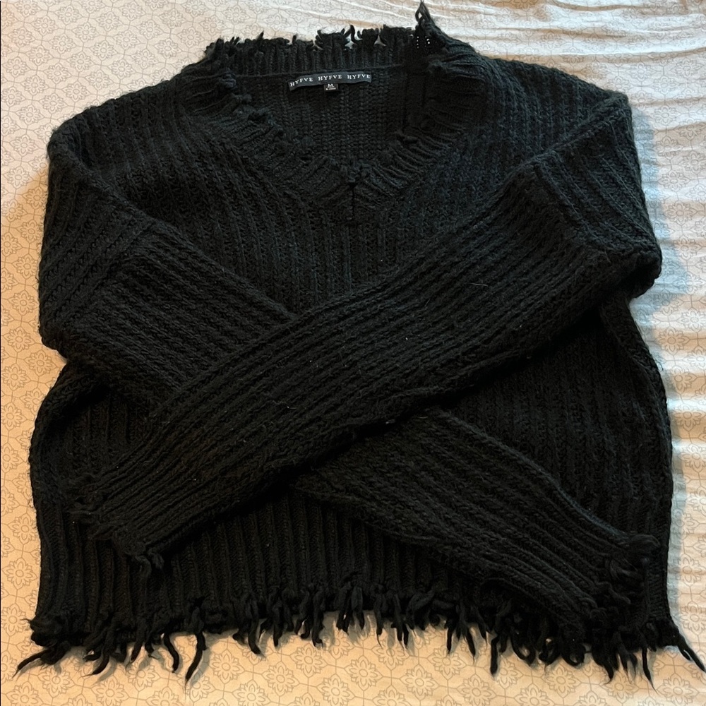 Black Distressed V-Neck Sweater